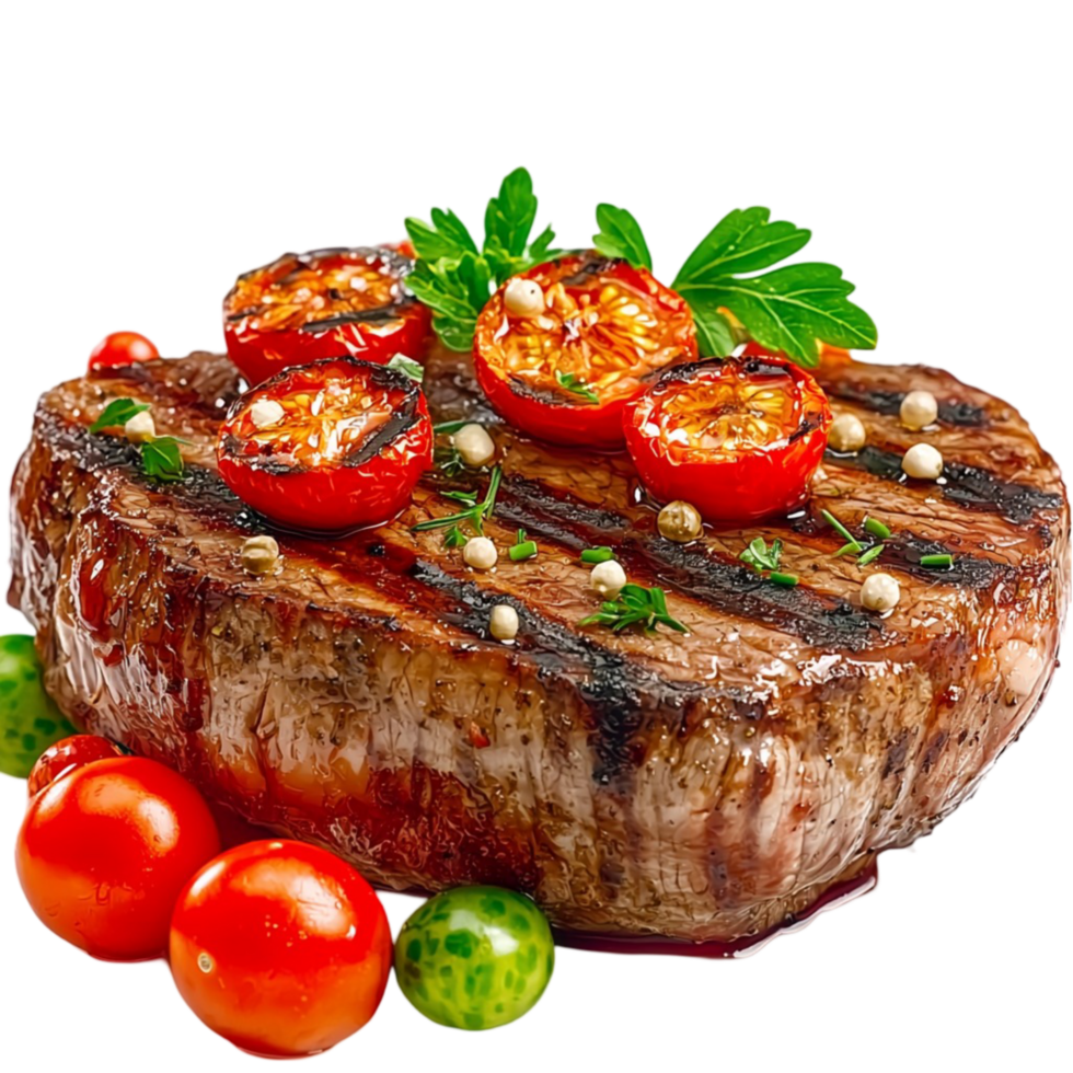 Grilled steak topped roasted cherry tomatoes herbs png