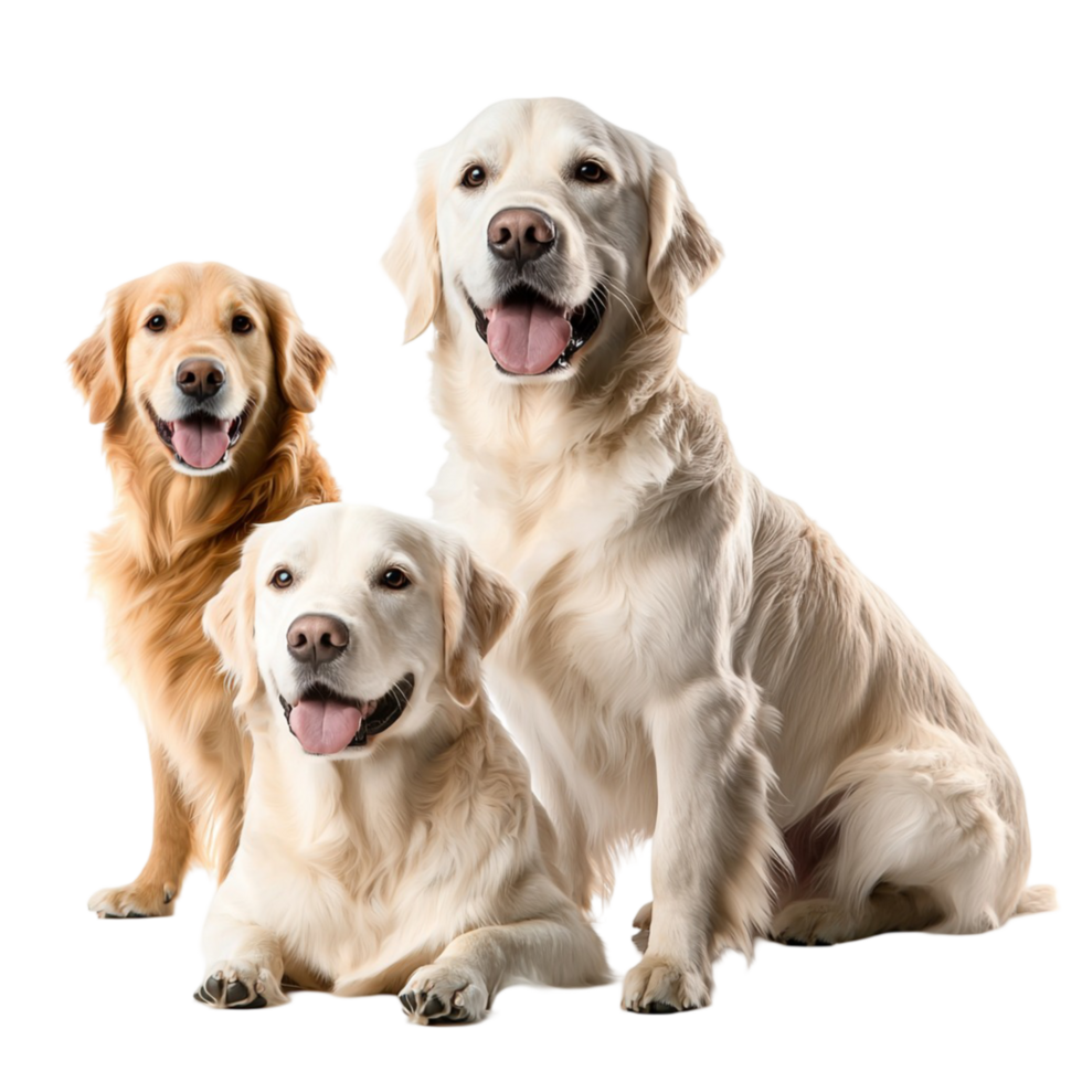 Group of three happy golden retriever dogs sitting together png