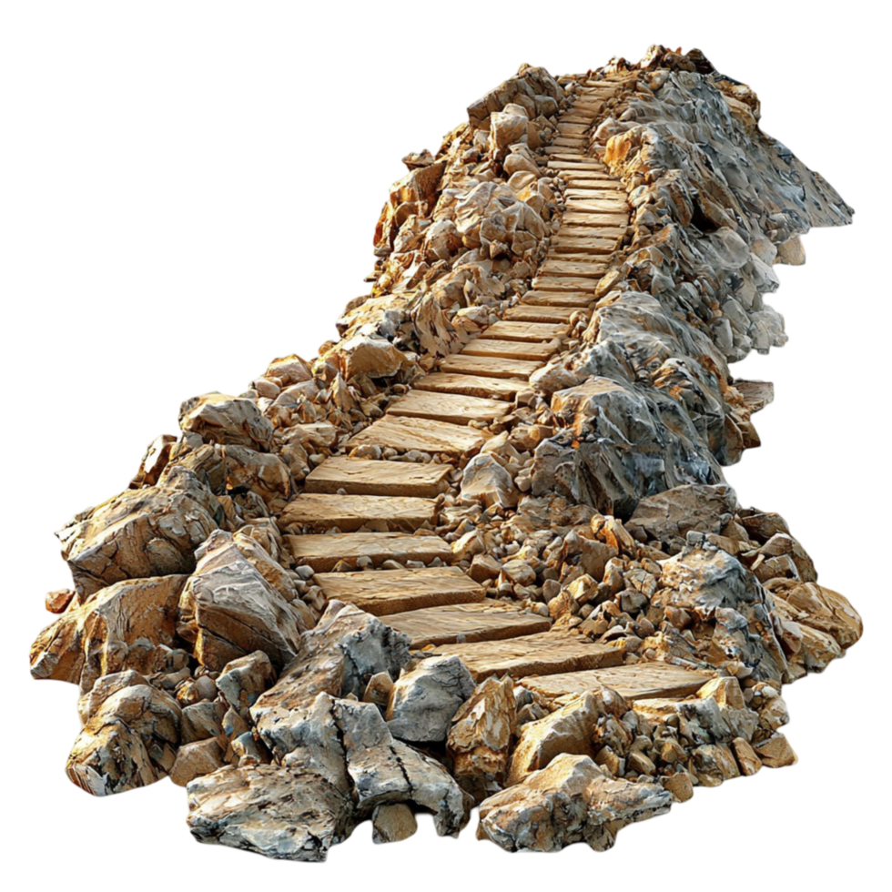 Wooden footbridge built over rocky terrain in a natural setting png