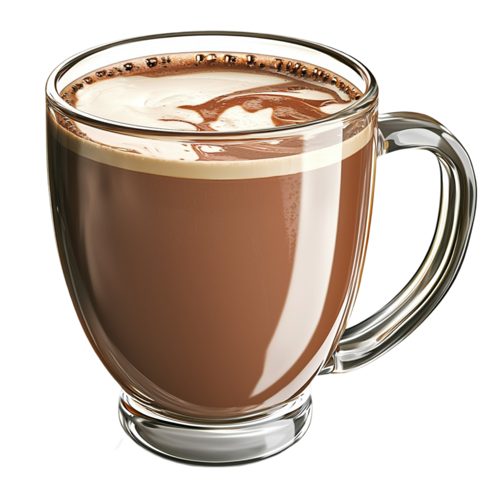 Hot chocolate served in a glass mug frothy foam on top png