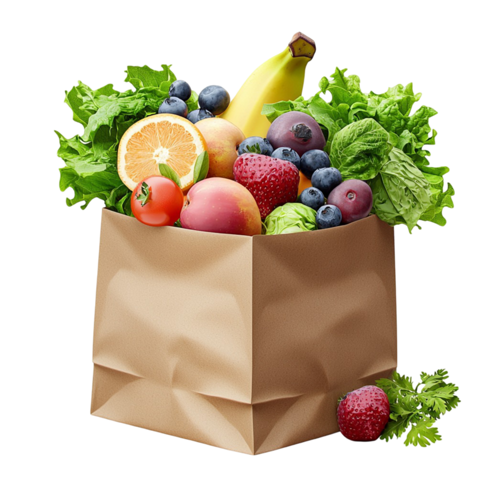 Brown paper bag filled fruits vegetables berries png