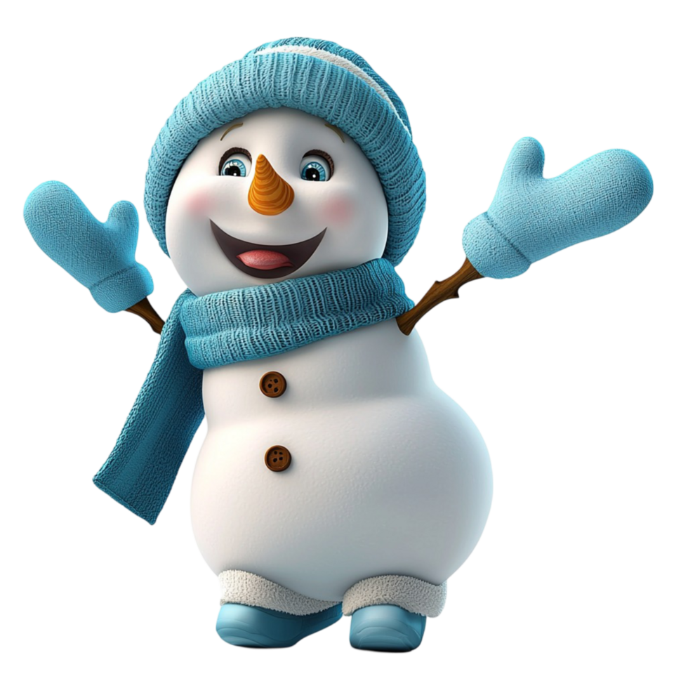 Smiling snowman wearing a blue scarf mittens png