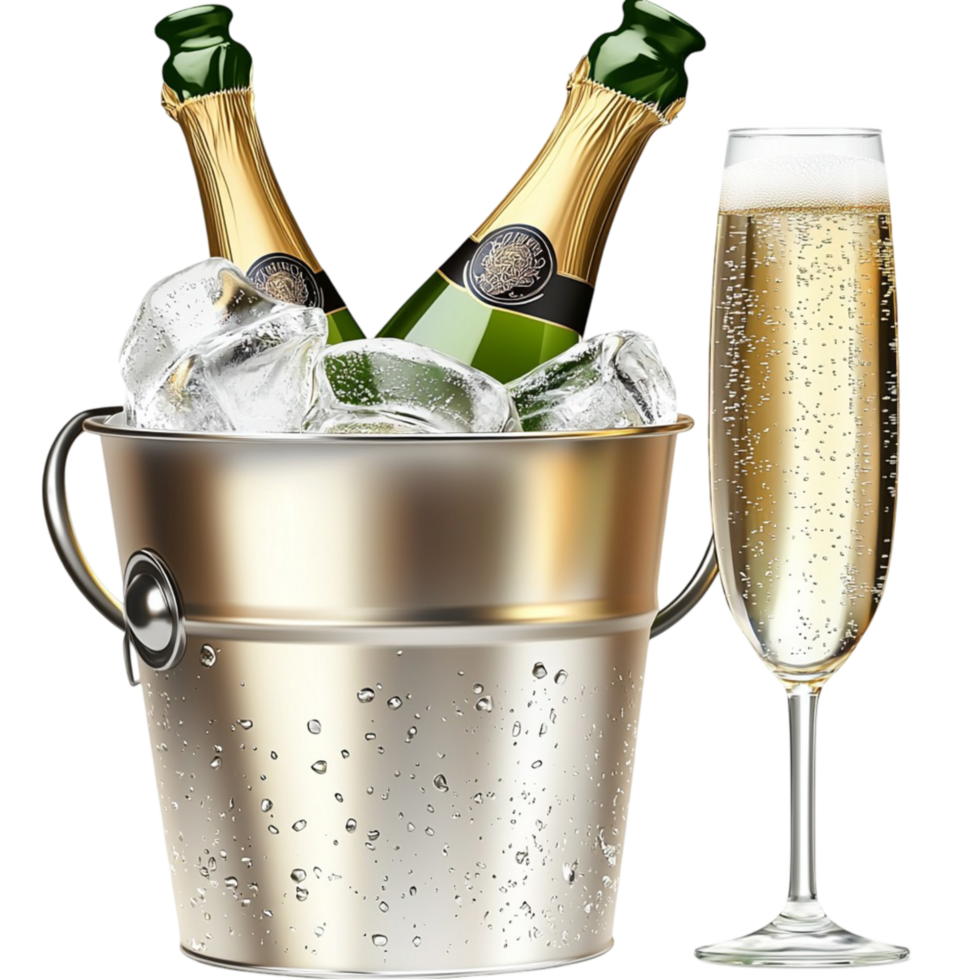 Champagne bottles in an ice bucket a glass of sparkling wine png