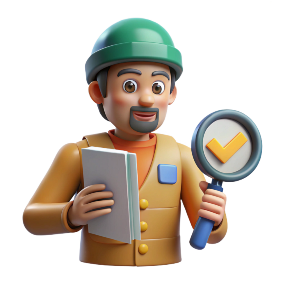 dramatic modern Quality Control Inspector with Magnifying Glass and Checklist on Transparent Background premium png