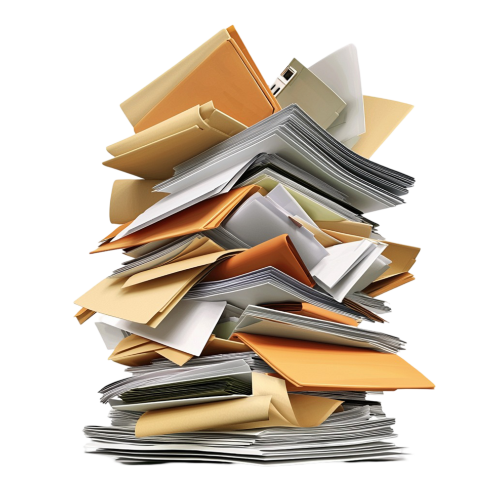 Stack of disorganized papers files forming a chaotic pile png
