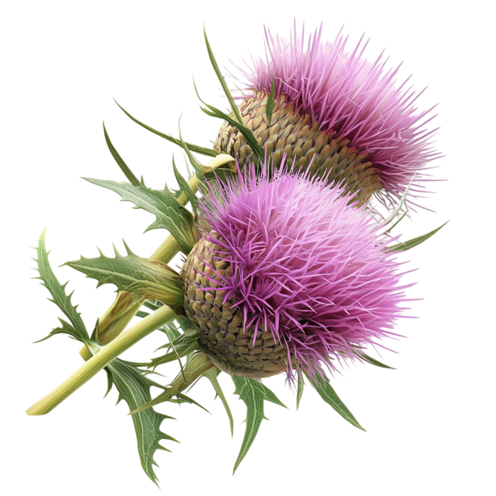 Spiky purple thistle flowers green stems leaves png