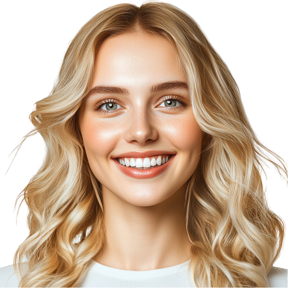 Blonde woman smiling ly wavy hair glowing skin png