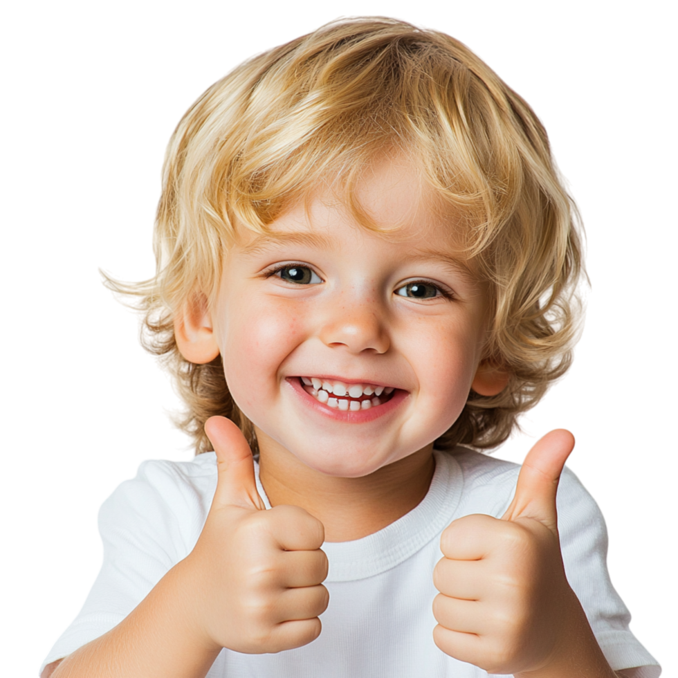 Smiling child giving two thumbs up a joyful face png