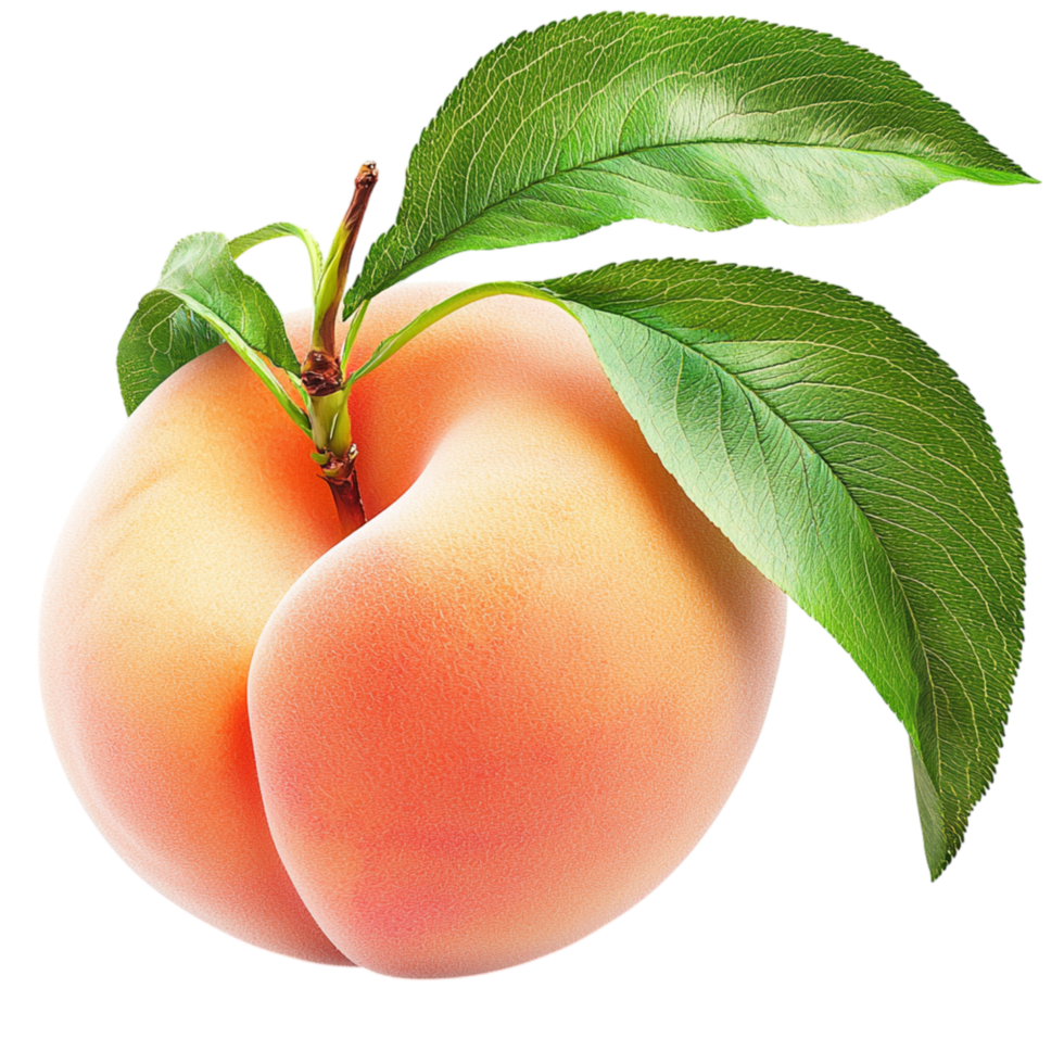Ripe peach green leaves on a white png