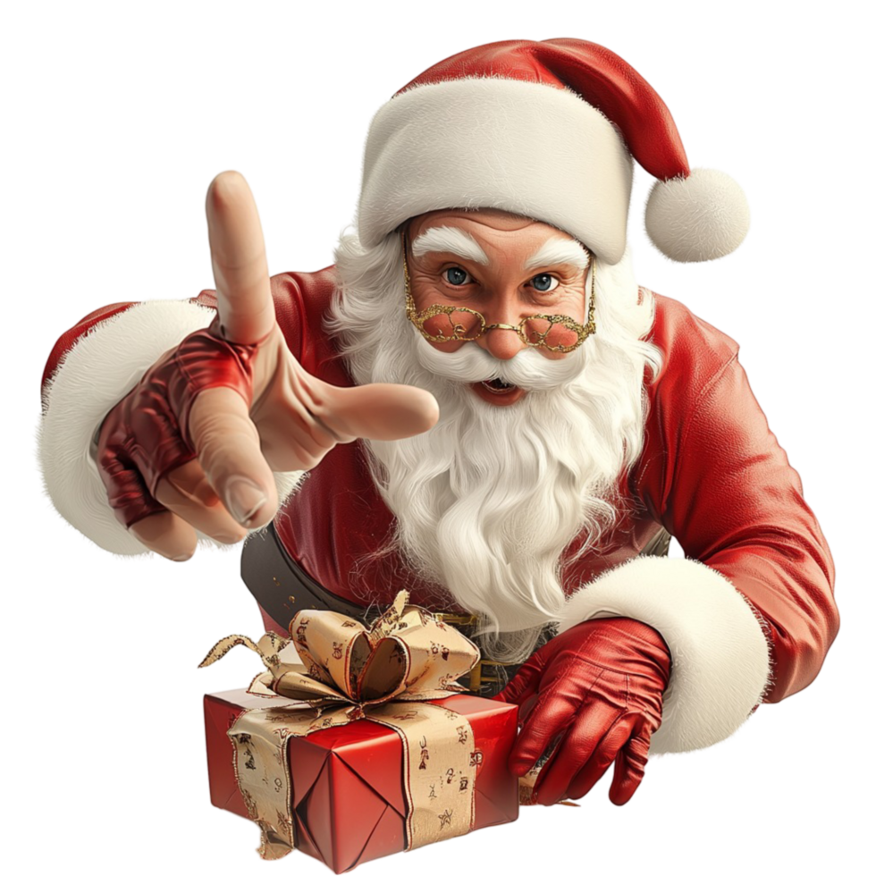 Santa Claus holding a gift pointing a cheerful smile png