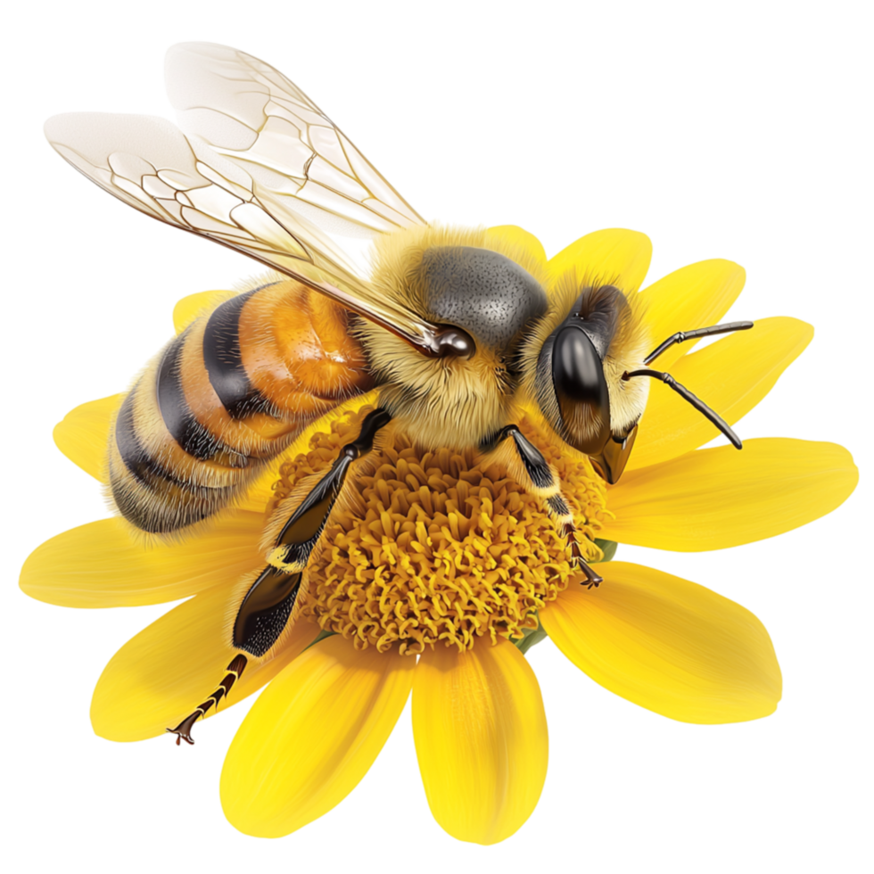 Busy honeybee collecting nectar from a vibrant yellow flower png