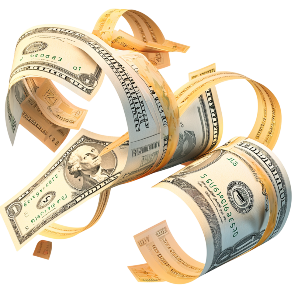 Rolled up dollar bills a golden ribbon detailed texture png