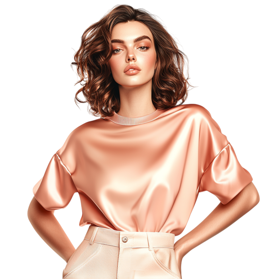 woman wearing a silky pink blouse confidence png