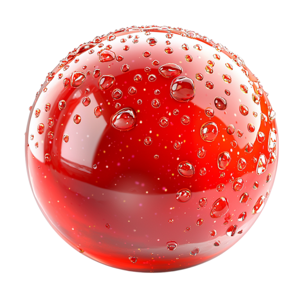 Shiny red sphere covered in small water droplets png
