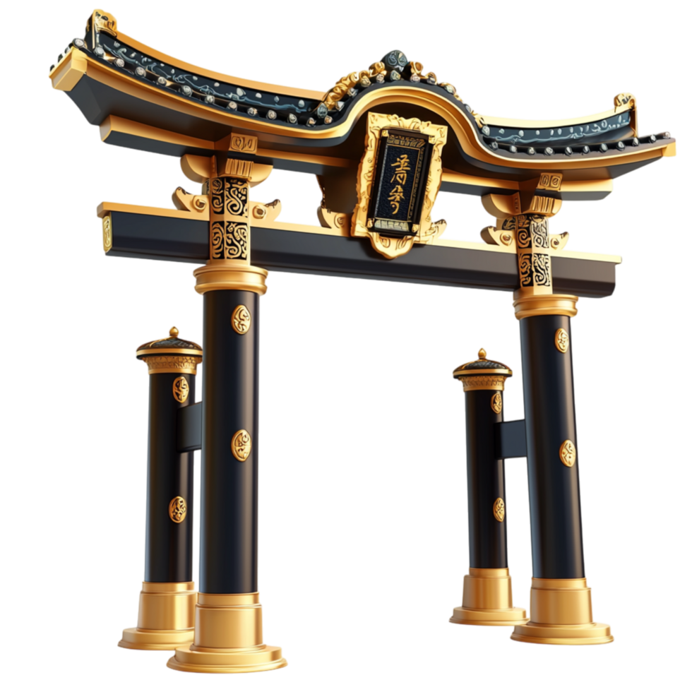 Traditional Asian torii gate intricate golden accents pillars png