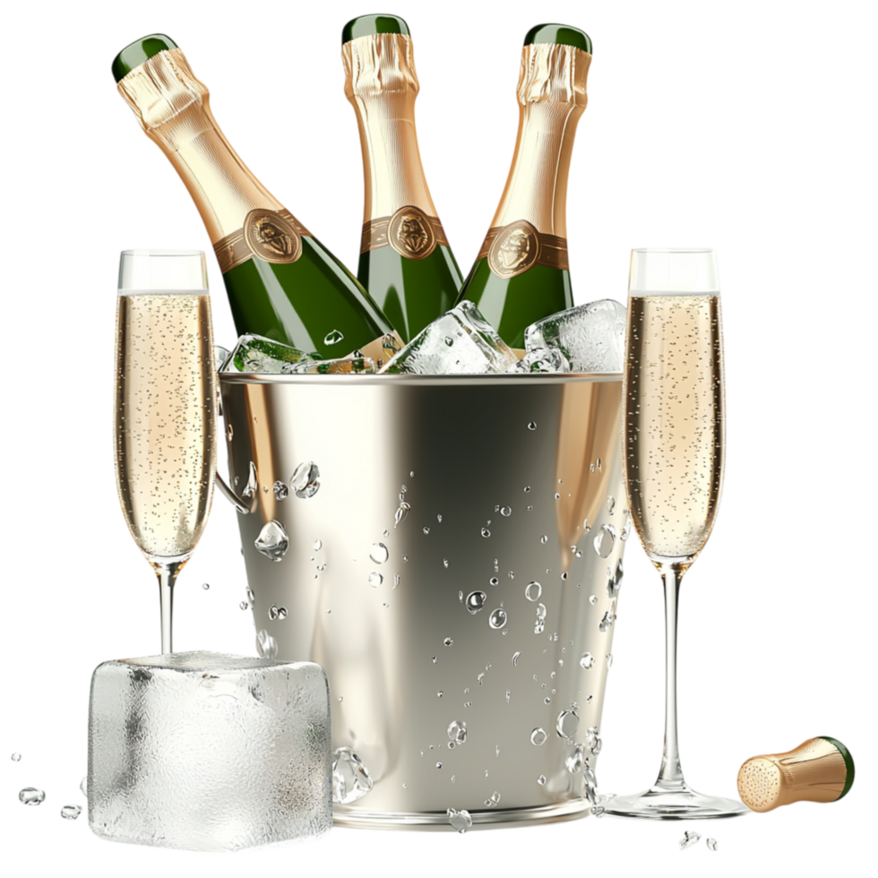 Chilled champagne bottles in an ice bucket sparkling glasses png