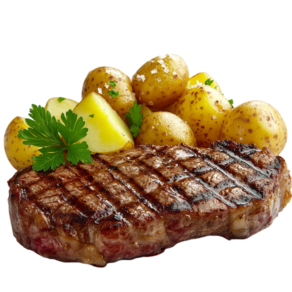 Juicy grilled steak served golden roasted potatoes herbs png