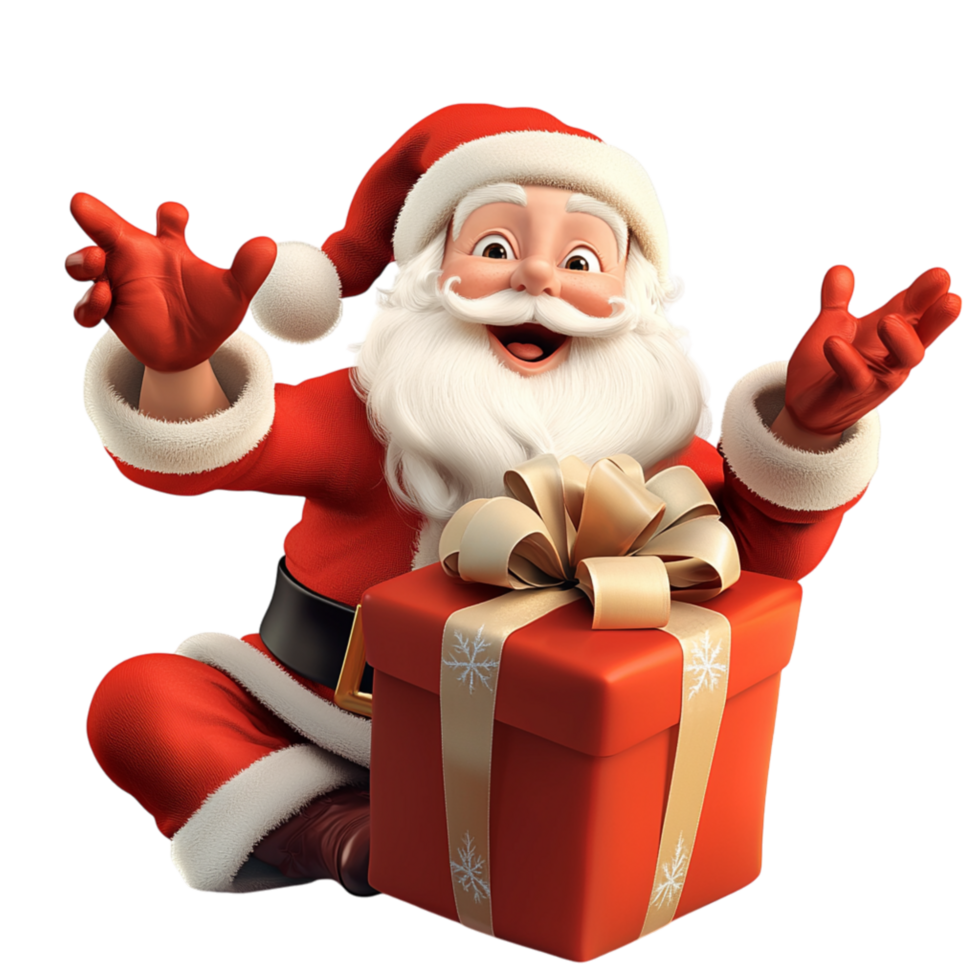 Cheerful Santa Claus holding a big red gift box golden ribbons png