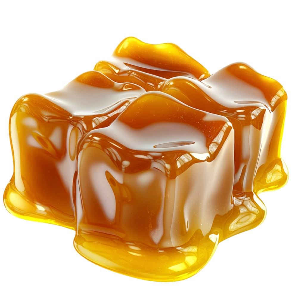 golden caramel cubes melting a glossy sticky surface png
