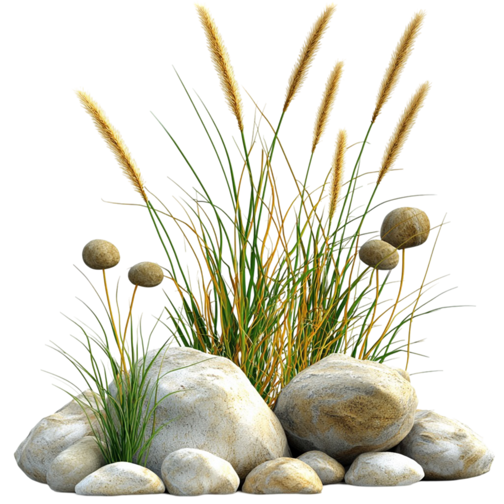 Tall wild grasses growing among river stones png
