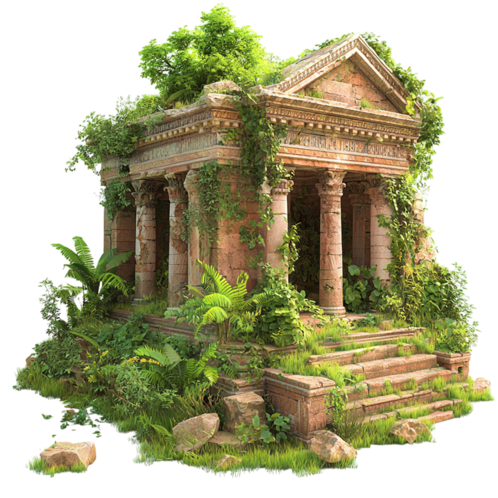 Ancient stone temple covered in green vines surrounded by nature png