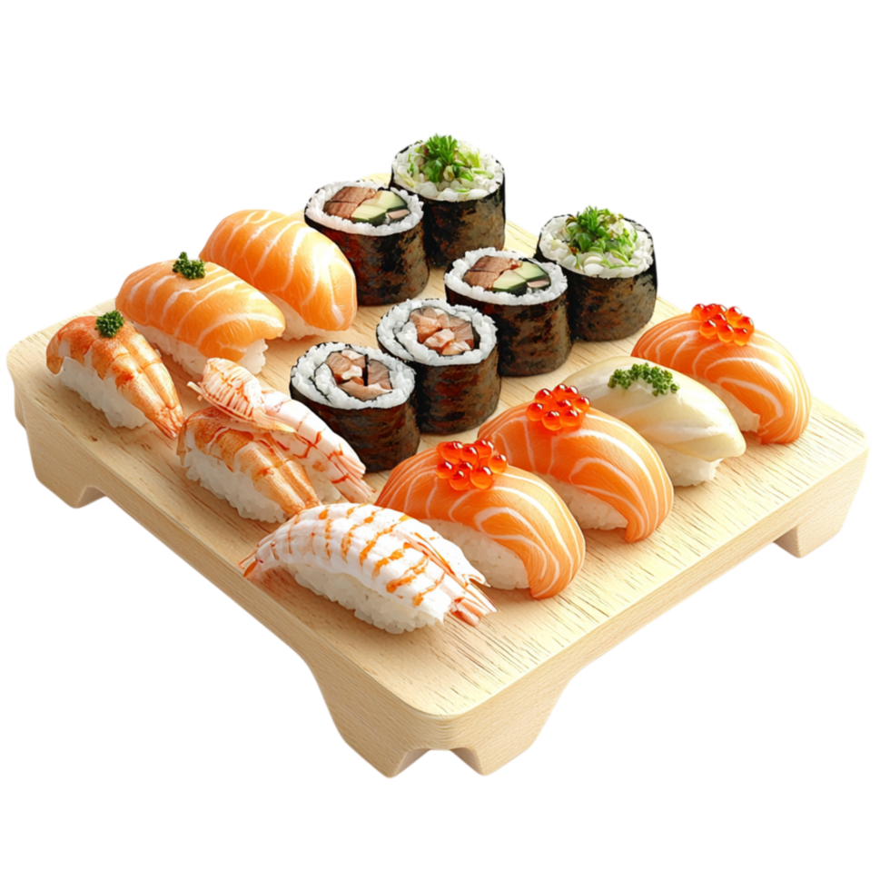 Traditional wooden sushi platter a variety of seafood rolls png