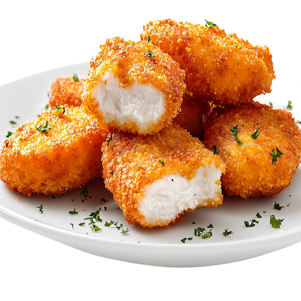 golden fish nuggets served on a white plate herbs png