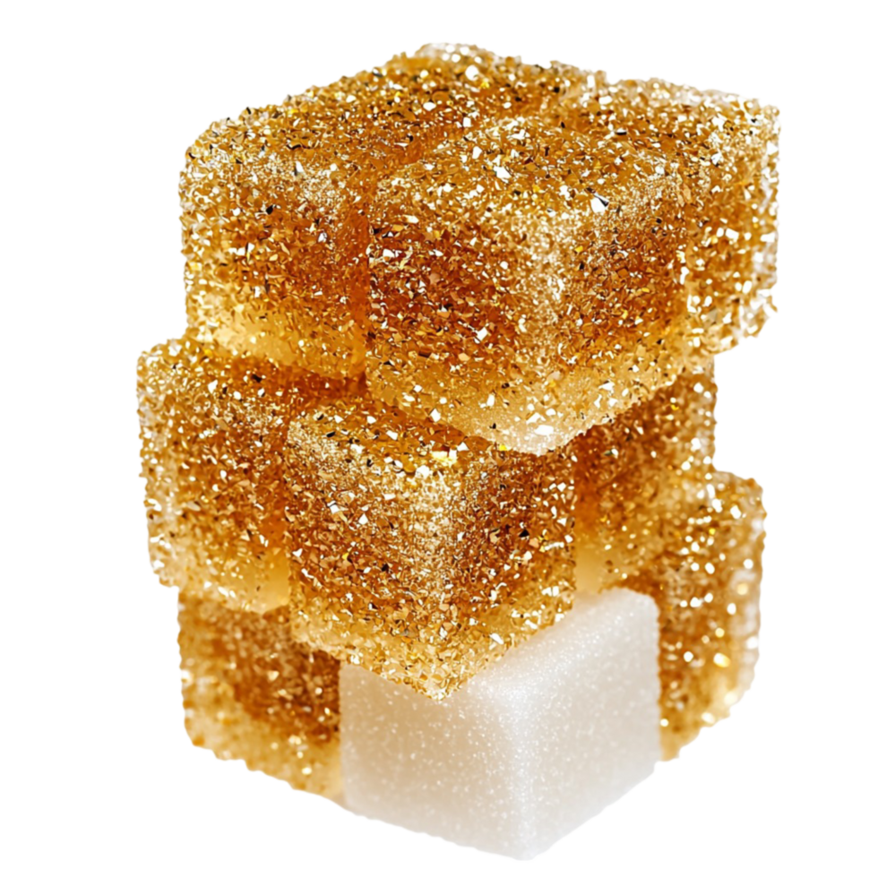 Stacked golden brown sugar cubes glistening tiny crystals png