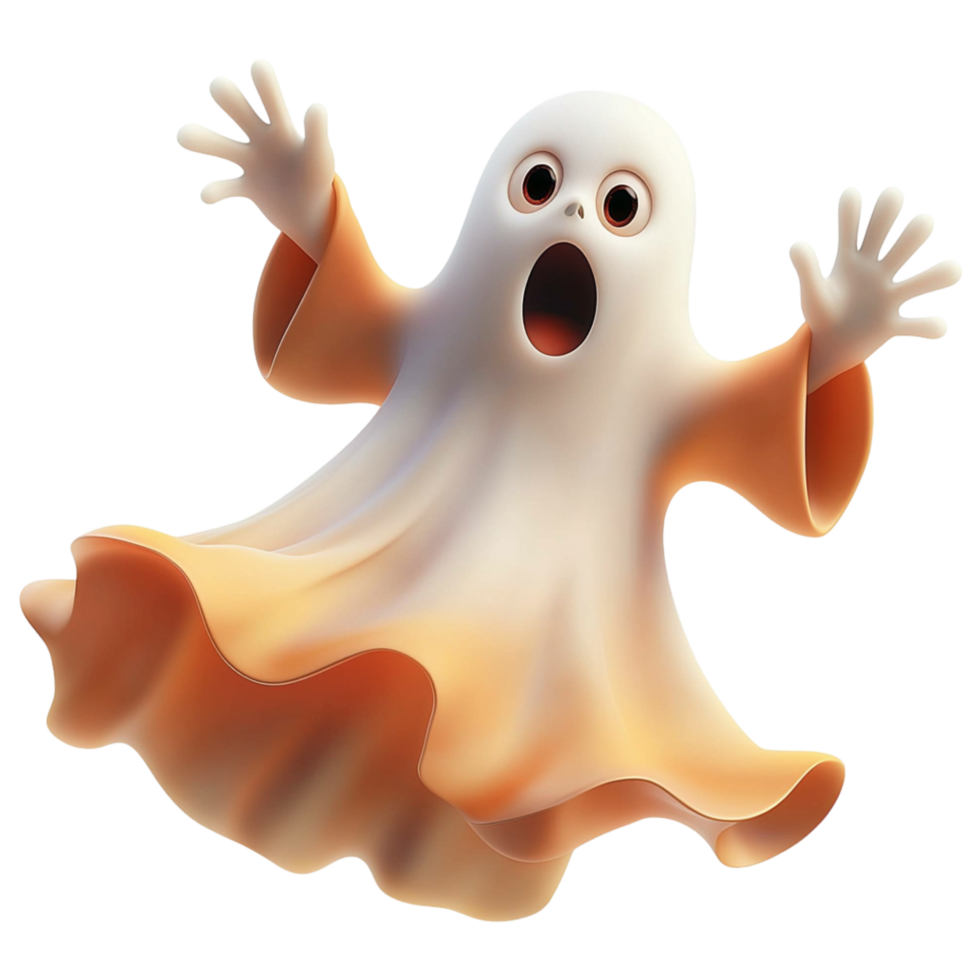 Cute floating ghost a surprised expression flowing fabric png