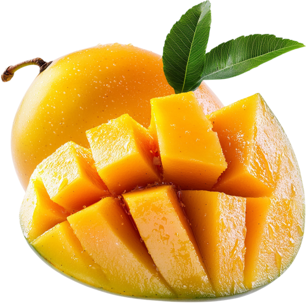 Juicy ripe mango sliced into perfect cubes green leaves png