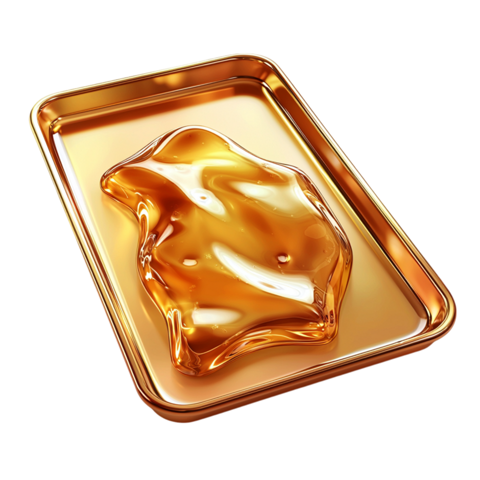 Golden melting ice cube on a shiny metallic tray png