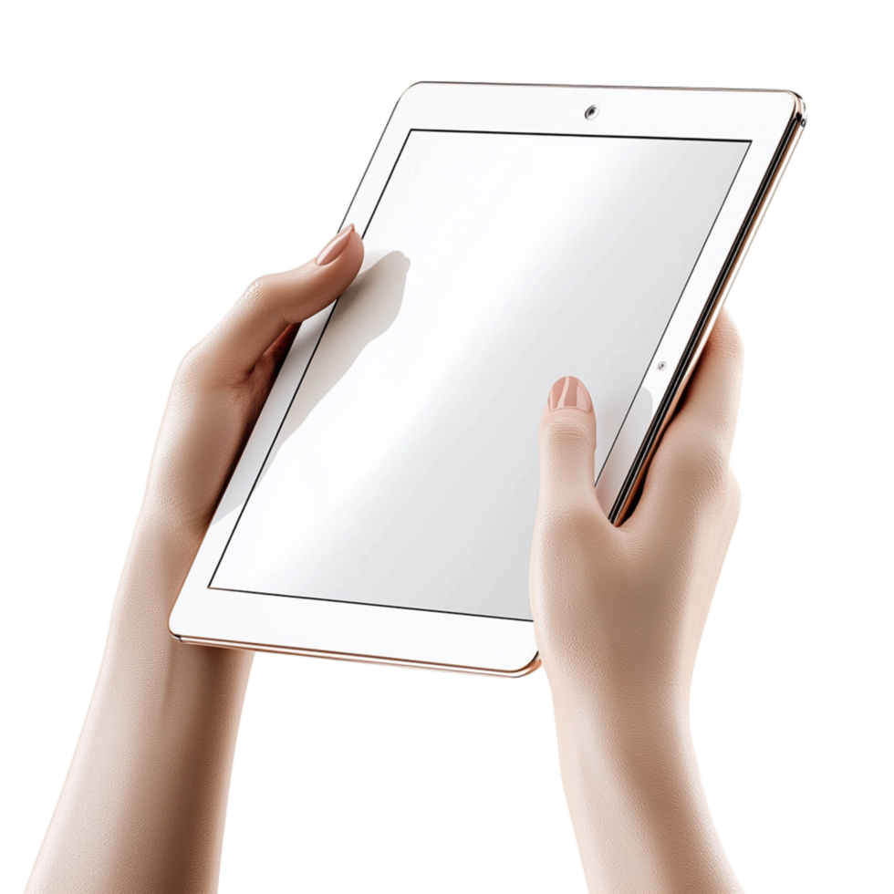 Hs holding a sleek tablet a blank white screen png