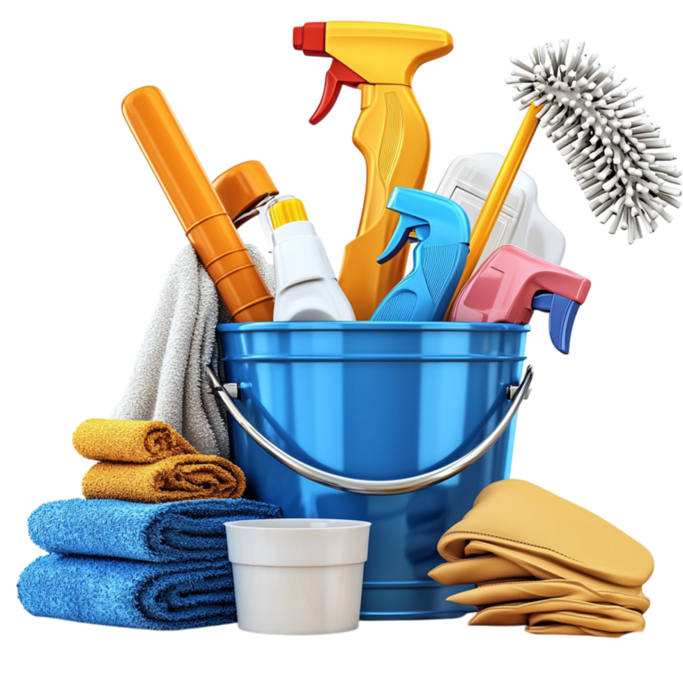 Collection of cleaning supplies arranged in a blue bucket png