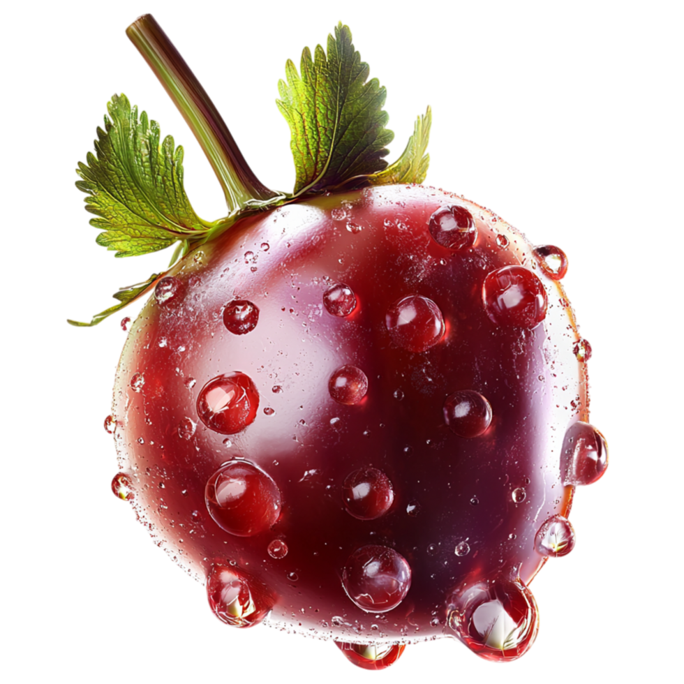 Juicy red fruit covered in droplets a green leaf png