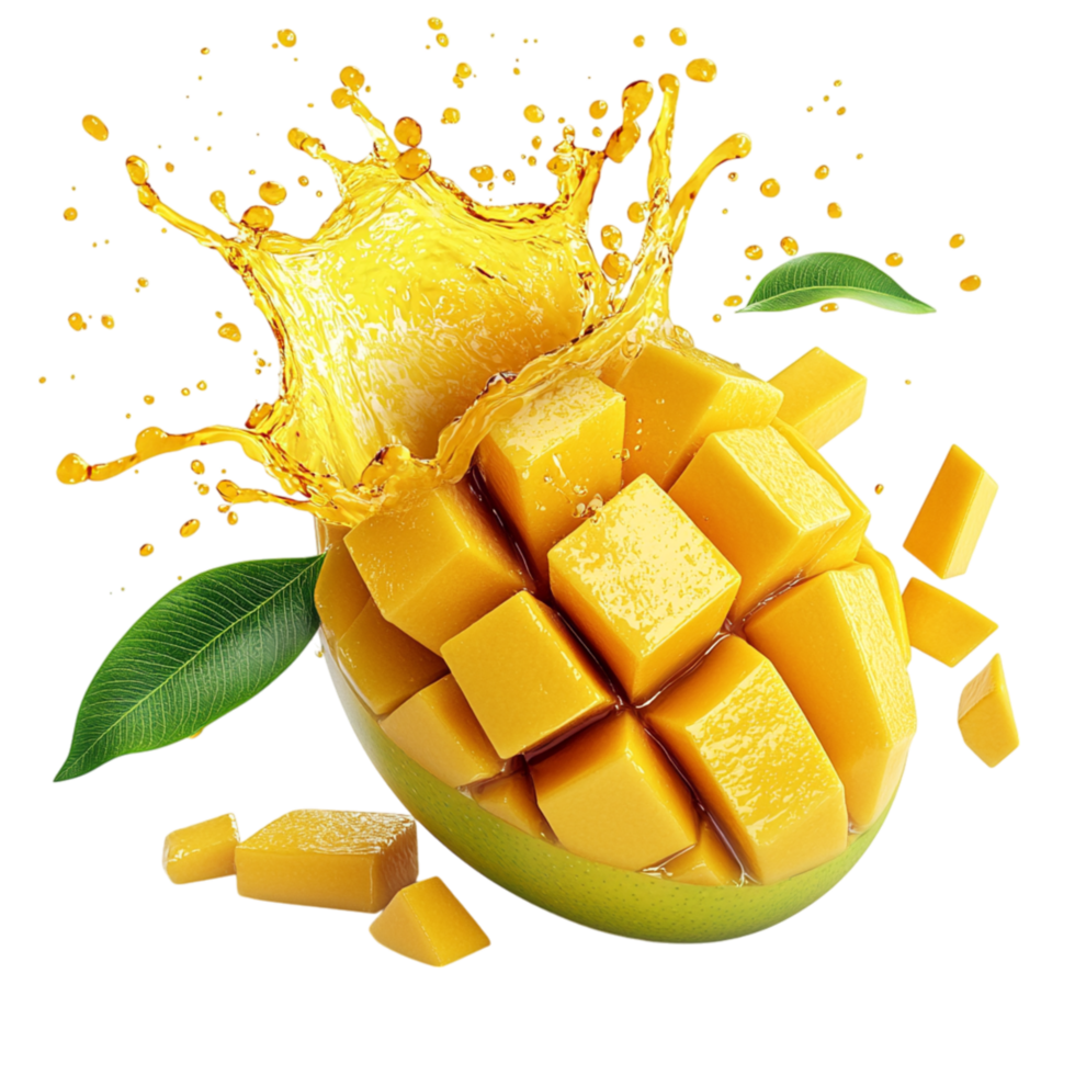 Juicy mango sliced into cubes vibrant splashes png