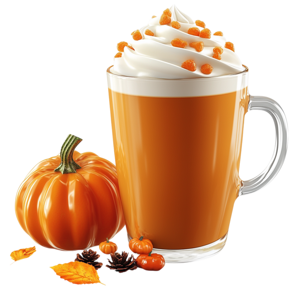 Pumpkin spice latte topped whipped cream sprinkled spices png