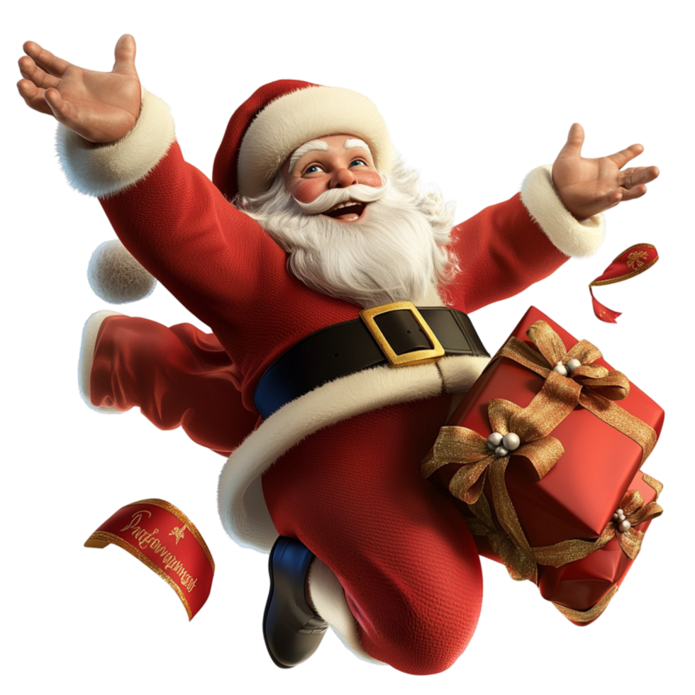 Cheerful Santa Claus joyfully flying a sack full of gifts png