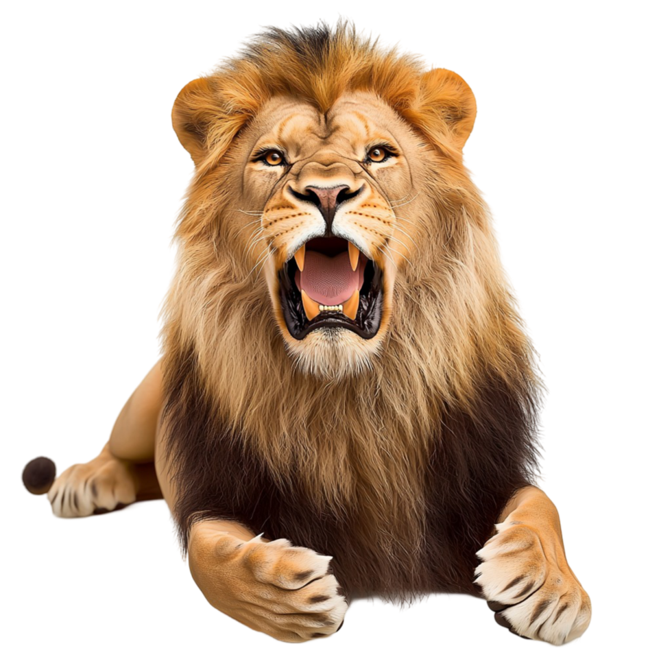 Fierce lion roaring powerful expression golden mane png