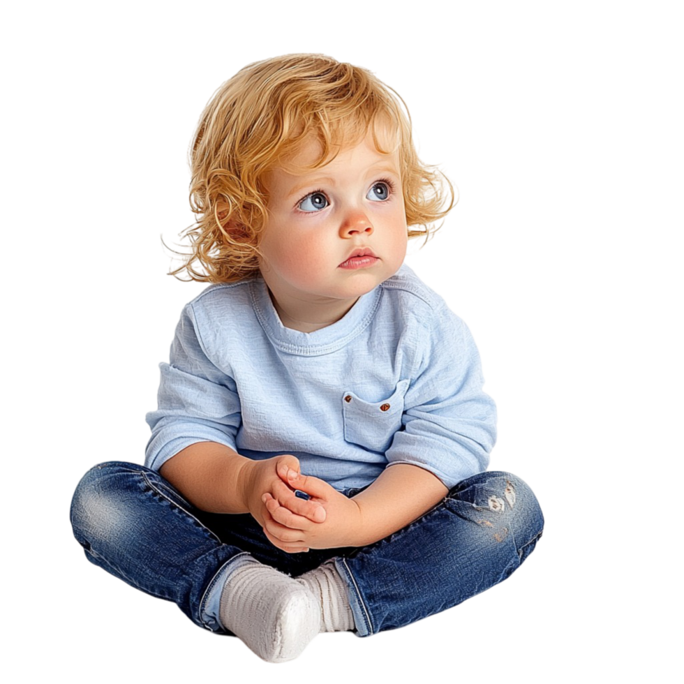 Adorable baby curly blonde hair sitting looking up a curious expression png