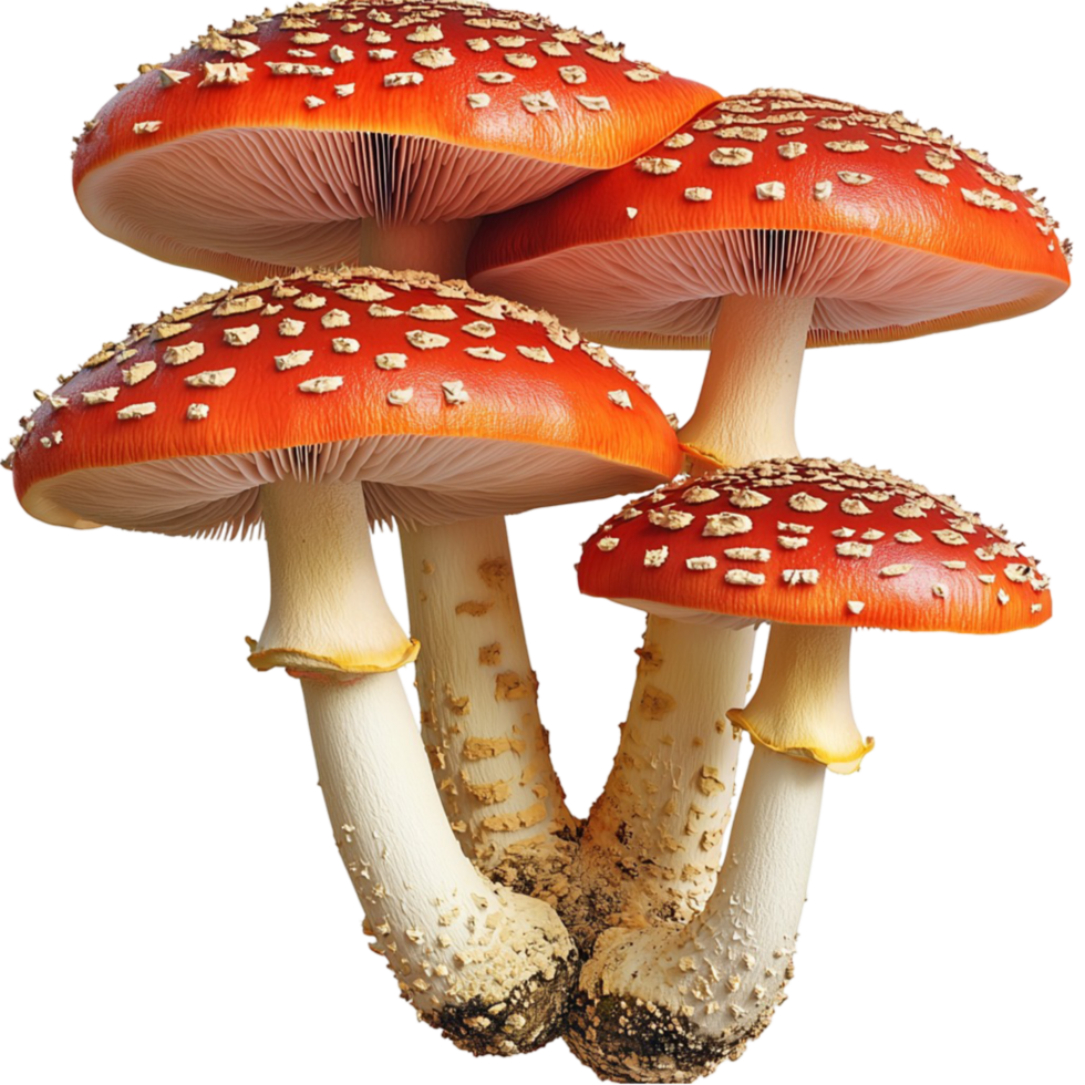 Red white fly agaric mushrooms growing in a natural cluster png