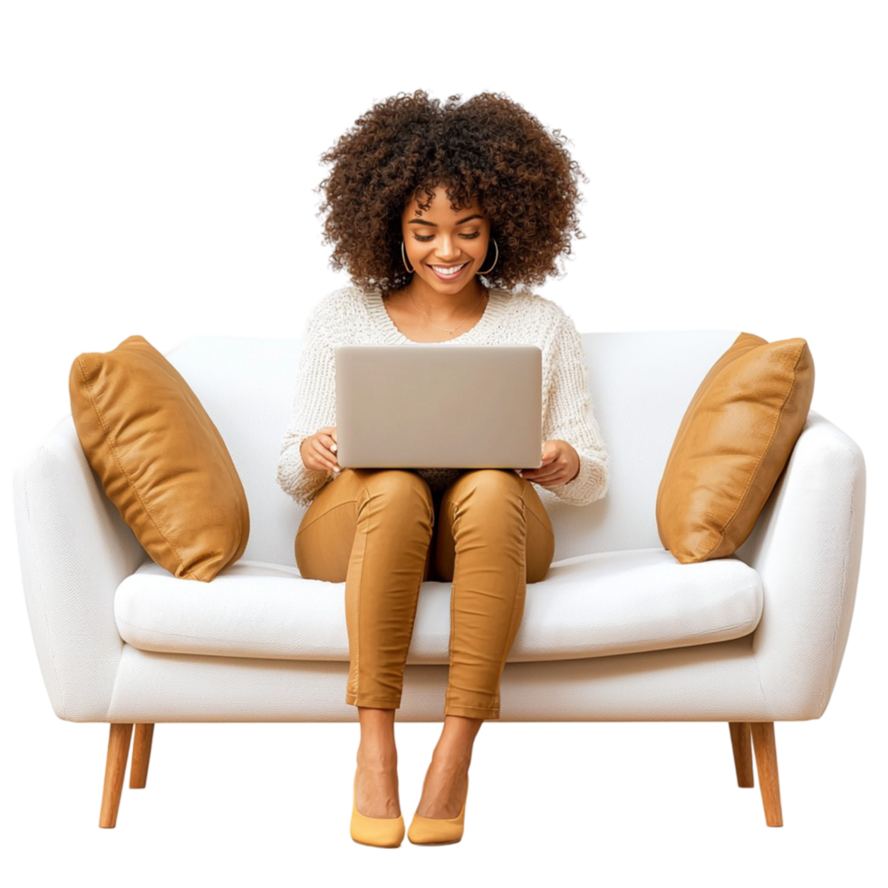 Smiling woman sitting on a cozy couch using a laptop for work png