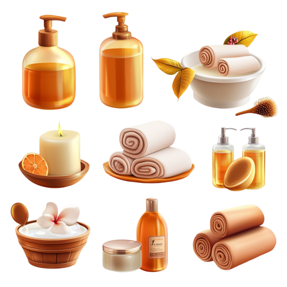 Set of luxurious spa products including essential oils towels cles png