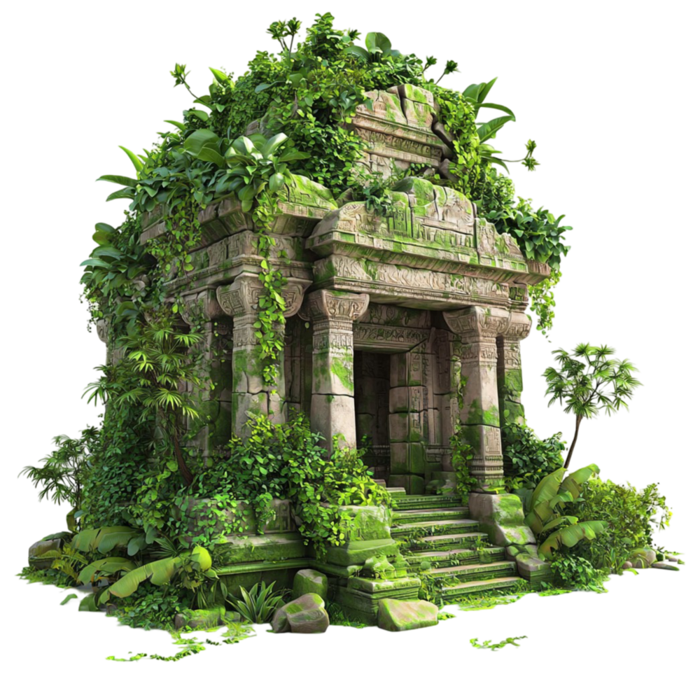 Ancient stone temple covered in lush green vines mossy steps png