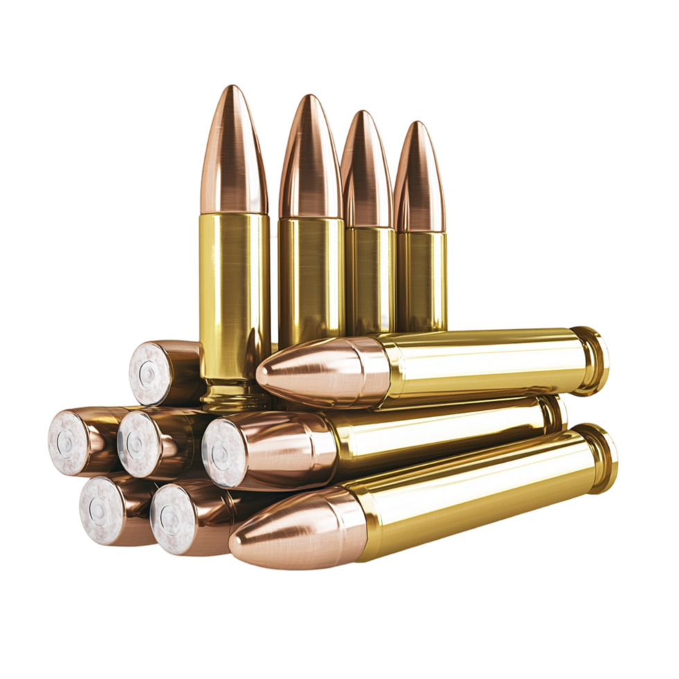 Shiny brass bullets pointed tips neatly arranged in a compact stack png
