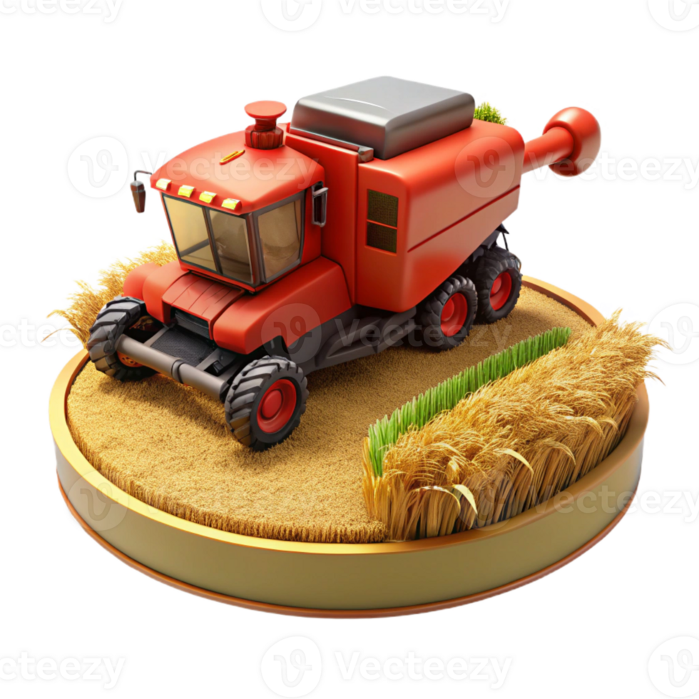 impressive artistic Red Combine Harvester in Field Landscape View Isolated original png