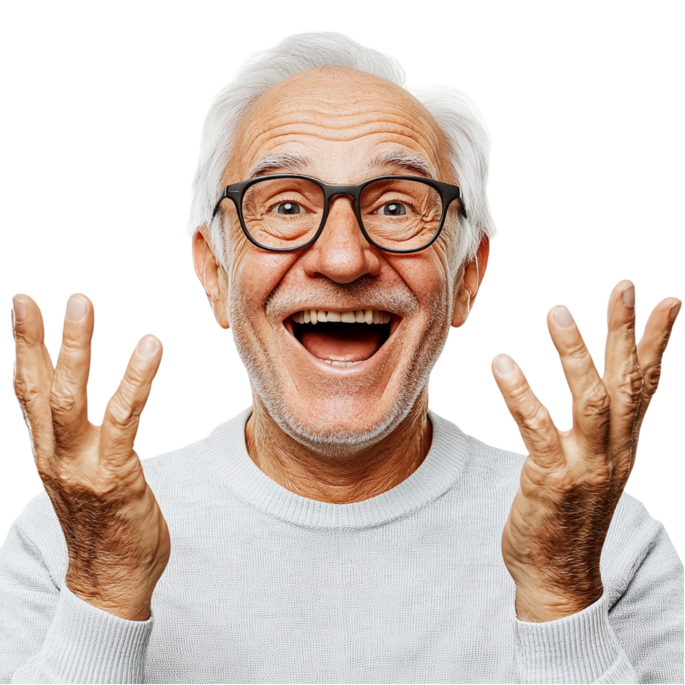 Elderly man glasses smiling joyfully raising his hs in excitement png