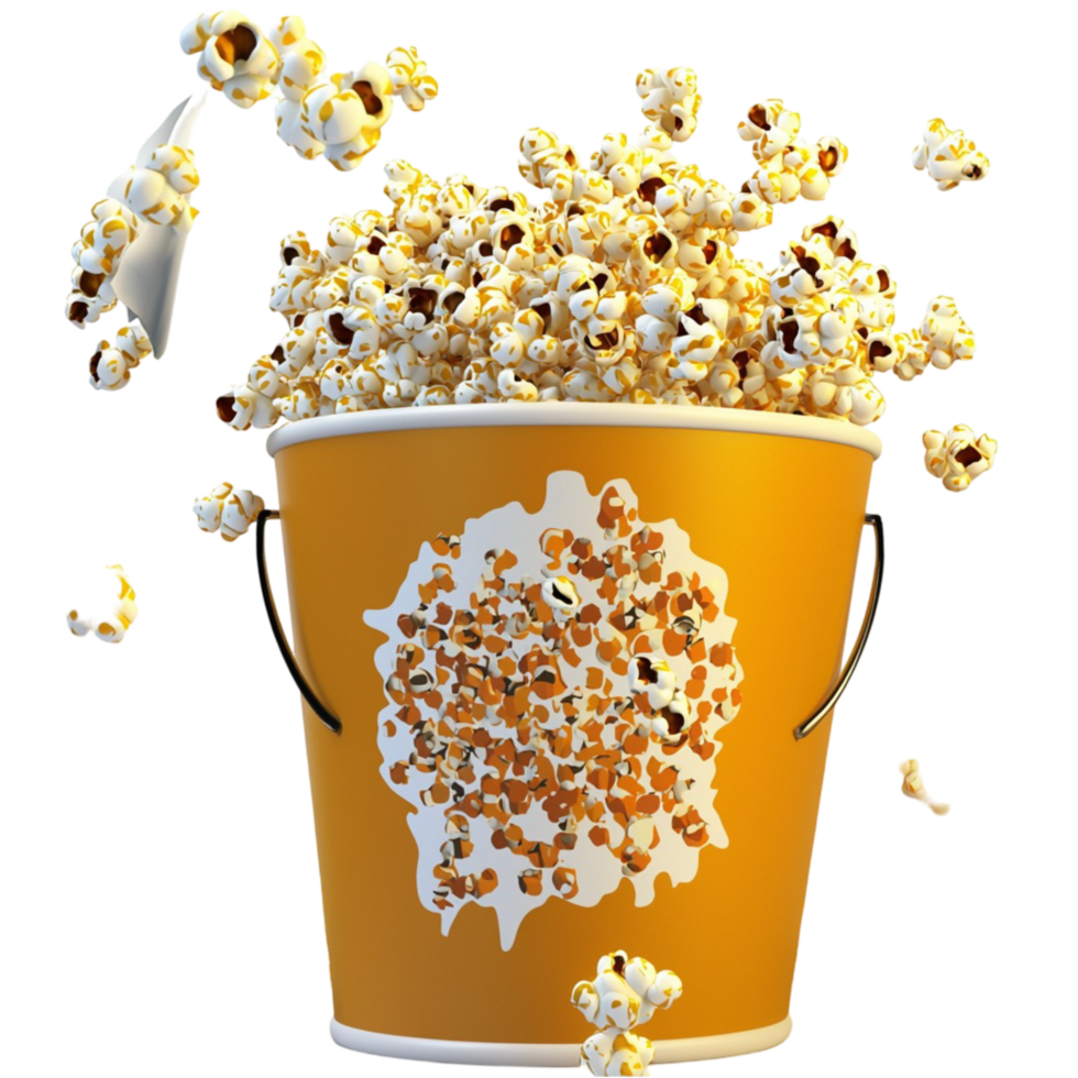 Overflowing bucket of popcorn golden kernels spilling over the edges png
