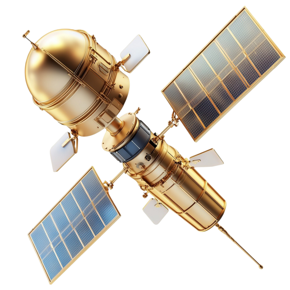 Advanced golden satellite large solar panels floating in outer space png
