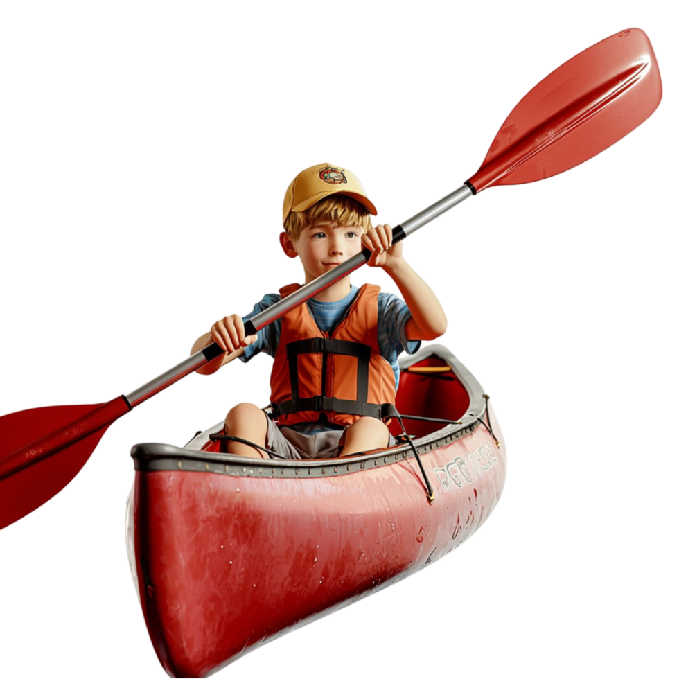 Adventurous woman paddling a red kayak a focused expression safety gear png