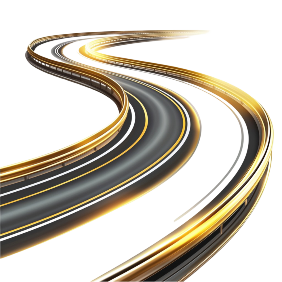 Futuristic curving road golden lanes a sleek black surface png
